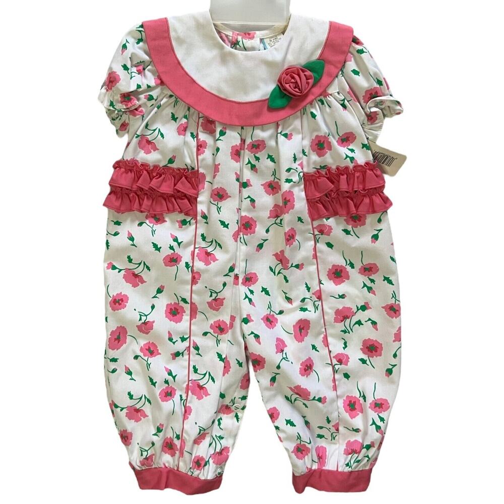 Vintage 80s Baby Pink, White, & Green Floral Collared Romper Size 6-9 Months - Picture 12 of 13